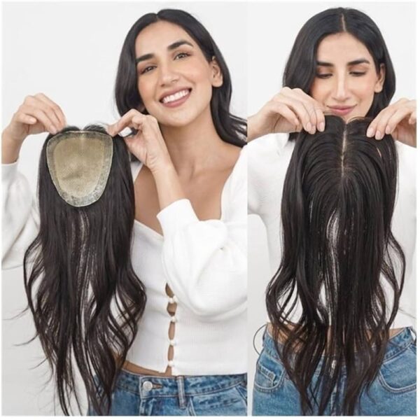 Dark Brown Blonde & Caramel Balayage Wavy Silk Base Hair Topper Human Hair Natural Scalp Coverage