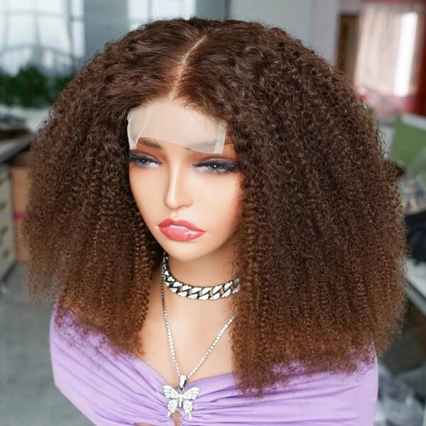 Kinky Curly Brown Human Hair Wig Natural Texture Full Volume Heat Safe Lace Wig Premium Quality