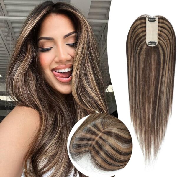 Premium Light Brown With Blonde Highlights Silk Base Hair Topper for Natural Scalp Look and Seamless Coverage