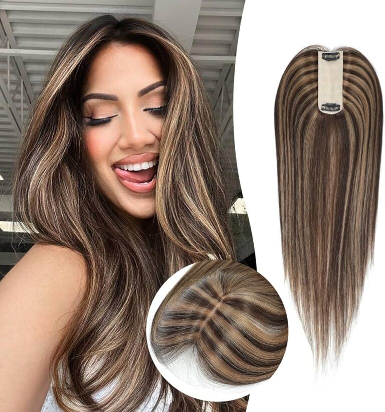 Premium Light Brown With Blonde Highlights Silk Base Hair Topper for Natural Scalp Look and Seamless Coverage