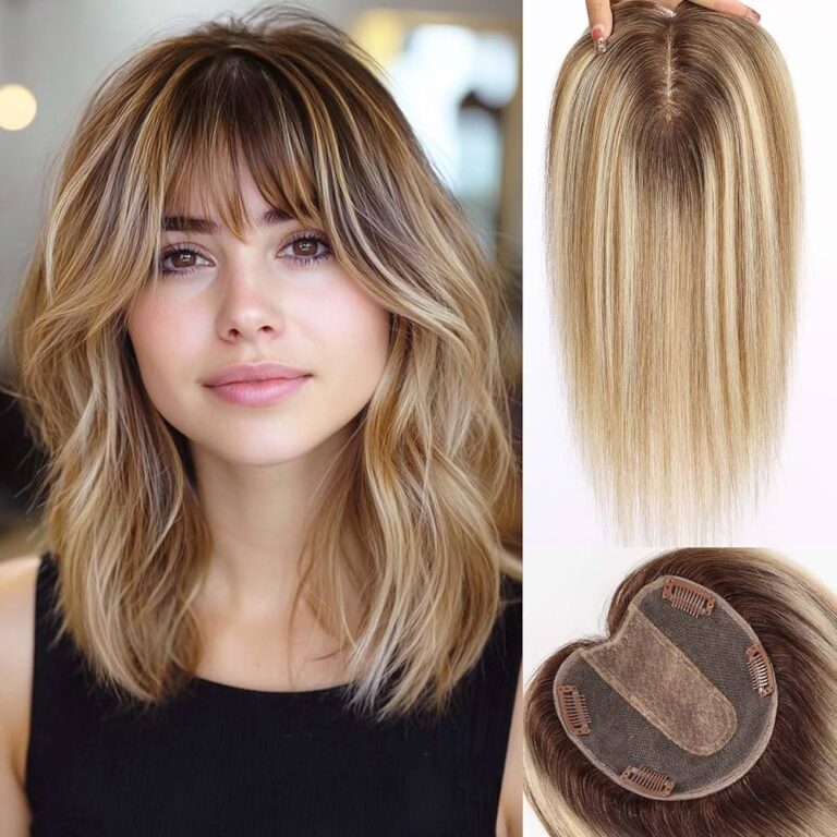 Premium Light Brown With Blonde Highlights Silk Base Hair Topper for Natural Scalp Look and Seamless Coverage