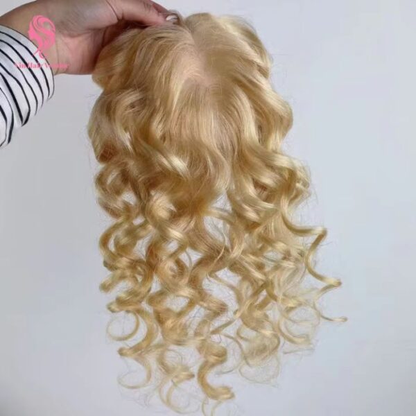 Blonde Curly Wavy Silk Base Human Hair Topper for Women Natural Density Heat Resistant Remy Hair