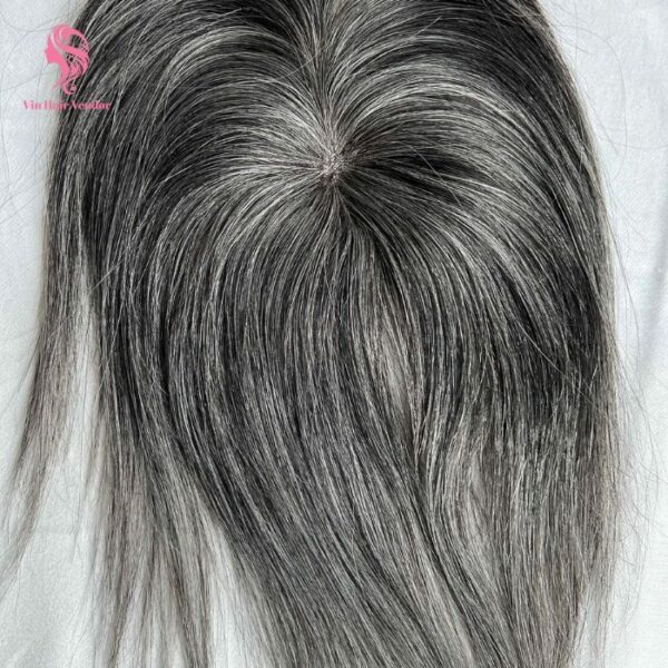 Grey Salt and Pepper Silk Base Human Hair Topper Straight Natural Density Heat Friendly Custom Size For Women Hand Tied