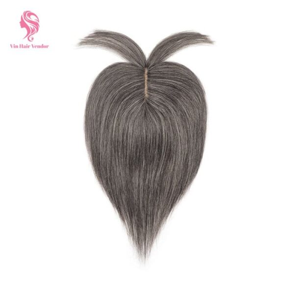 Grey Salt and Pepper Silk Base Human Hair Topper With Bangs for Women Natural Density Scalp Coverage