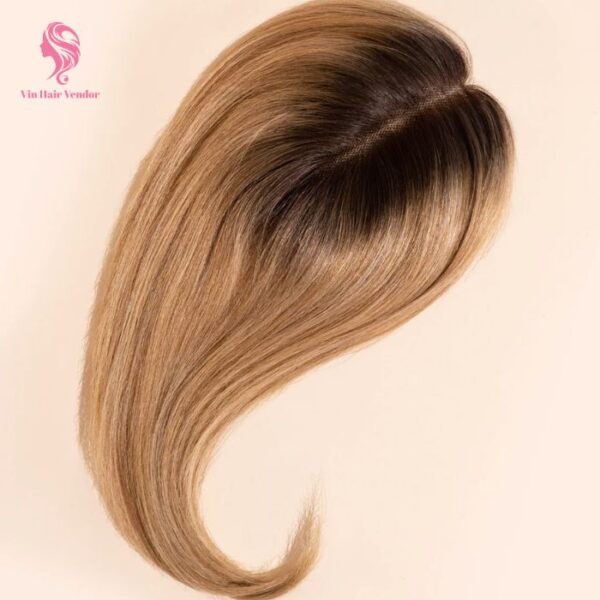 Honey Blonde With Dark Root Silk Base Human Hair Topper Natural Scalp Look Heat Safe Lightweight Coverage