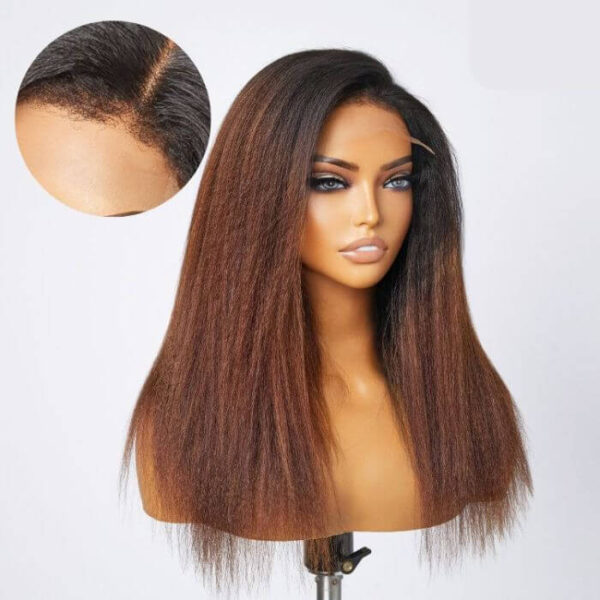 Ombre Brown Kinky Straight Full Lace Human Hair Wig Natural Texture Heat Resistant Pre Plucked Hairline