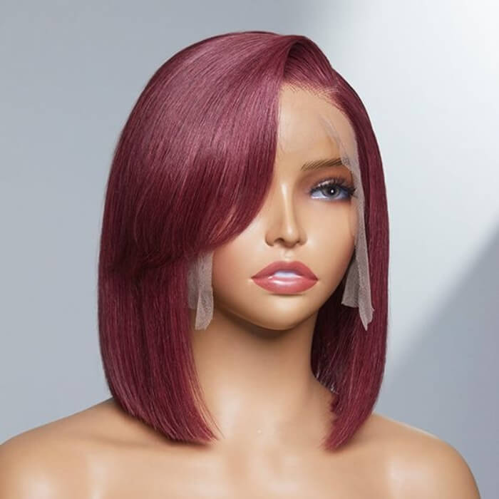 Short Bob Wig Burgundy Human Hair Natural Look Pre Plucked Hairline Heat Resistant for Daily Wear
